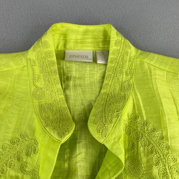 Chico's Lime Green Linen Blend Crinkle Embroidered Open Jacket Women's 3 (XL/16) - Picture 3 of 15
